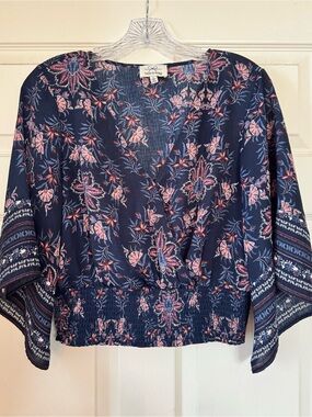 Twine & String Floral Bell Sleeve Smocked Waist Blouse Size L